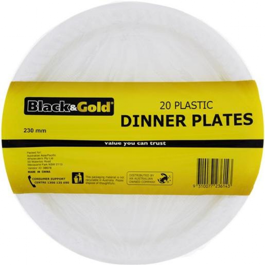 Black & Gold Plate Plastic Dinner 230mm 20 pack