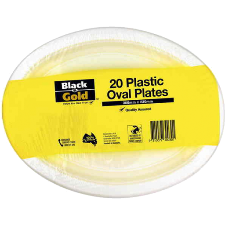 Black & Gold Plate Plastic Oval 300mm 20 pack