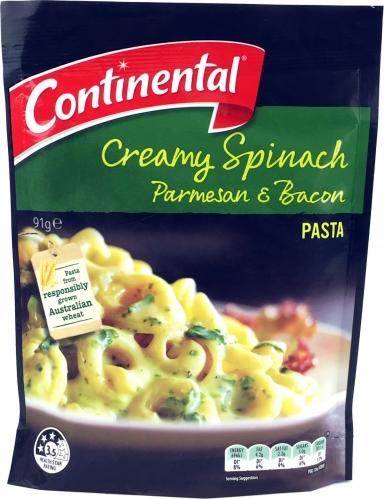 Continental Creamy Spinach Parmesan & Bacon Pasta & Sauce Serves 3 91g