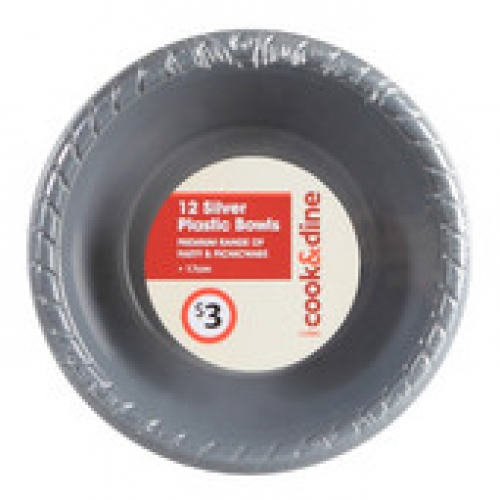 Cook & Dine Silver Plastic Round Bowl 12 pack